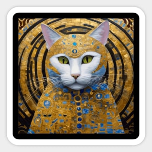 Gustav Klimt Style White Cat in Blue and Gold Costume Sticker